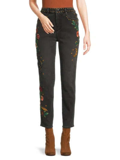 Driftwood Women's Jackie Embroidered Straight-leg Jeans In Black