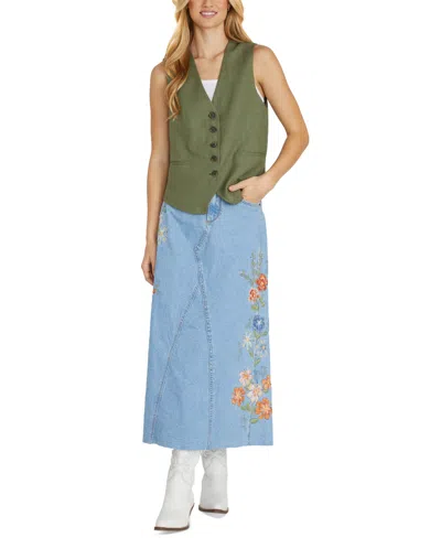 Driftwood Women's Joanna Denim Maxi Skirt X Pressed Flowers In Light Wash
