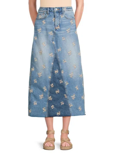 Driftwood Women's Joanna Floral Embroidery Denim Midi Skirt In Medium Wash