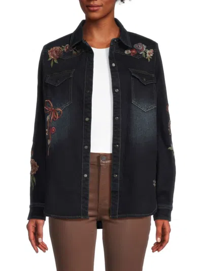 Driftwood Women's Lana X Bows Roses Embroidered Denim Jacket In Blue