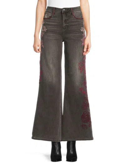 Driftwood Women's Mona Embroidered High-rise Flare Jeans In Brown