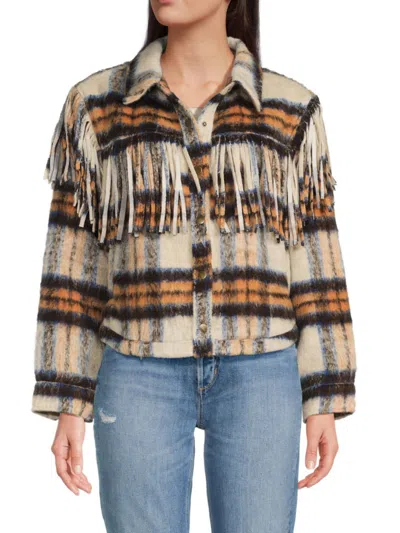 Driftwood Women's Plaid Fringe Jacket In Beige Plaid