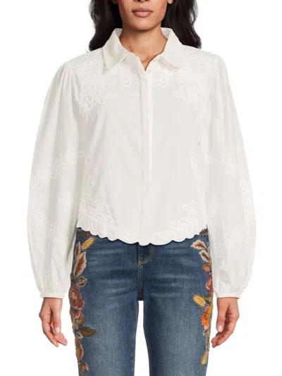 Driftwood Women's Raised Rodeo Embroidered Cotton Button-front Top In White