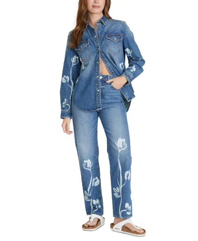 Driftwood Women's Riley High-rise Straight Jeans X Phantom Flowers In Medium Wash
