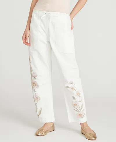 Driftwood Women's Twyla Barrel Floral Embroidered Jeans In White