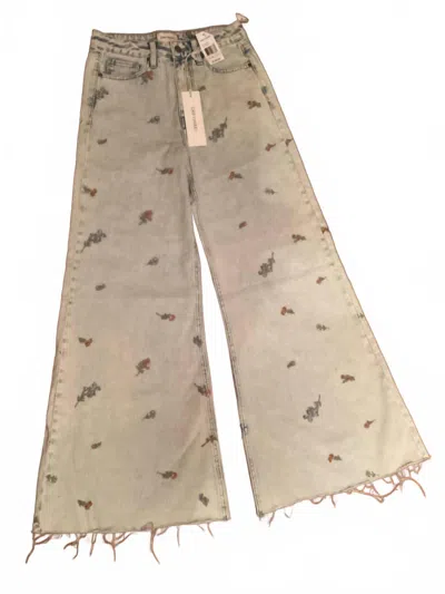 Driftwood Women's Wide Leg Frayed Crop Jean In Light Wash Embroidered In Brown