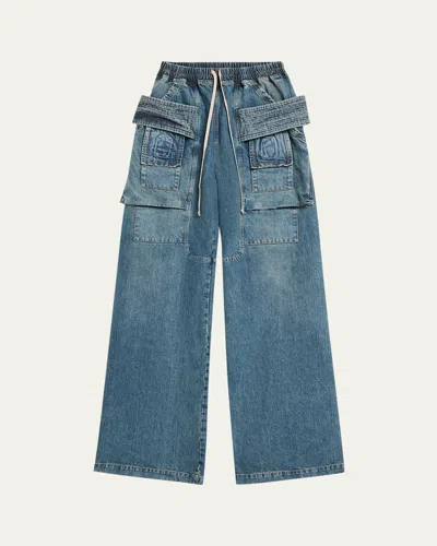 Drkshdw Rick Owens Men's Denim Wide-leg Pull-on Cargo Pants In Washed Indigo