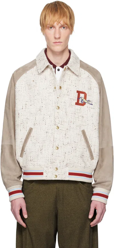 Drôle De Monsieur Beige 'le Bomber Tweed' Leather Bomber Jacket In Ecru