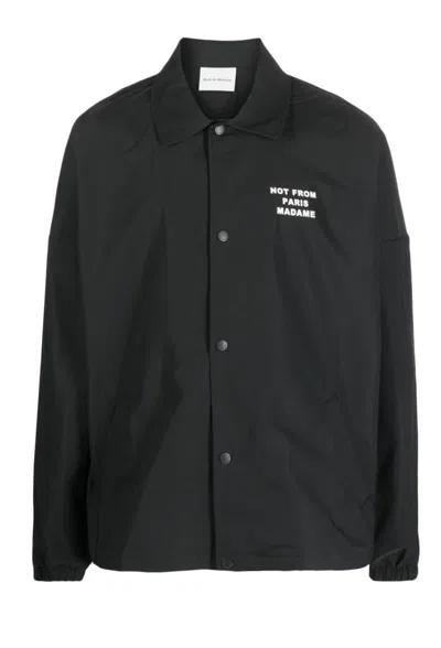 DRÔLE DE MONSIEUR DRÔLE DE MONSIEUR BLACK JACKET WITH BOLD SLOGAN DESIGN