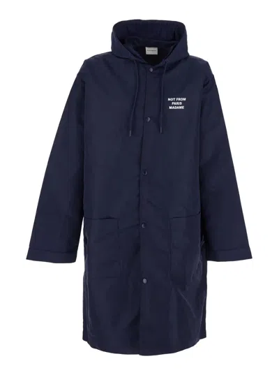 Drôle De Monsieur Blue Jacket With Fixed Hood And Slogan On The Front And Back In Tech Fabric Man