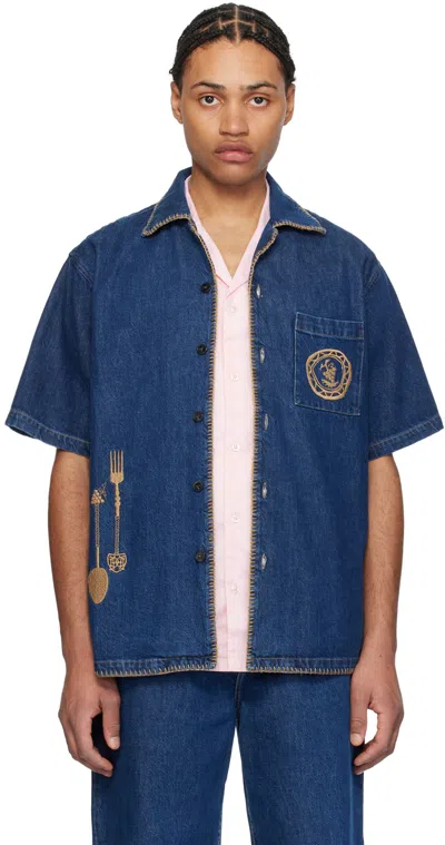 Drôle De Monsieur Blue 'la Surchemise Art De La Table' Denim Shirt In Stone Wash