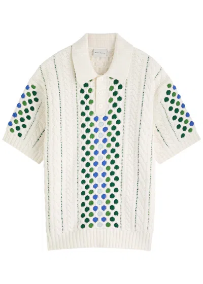 Drôle De Monsieur Brode Patterned-intarsia Cotton-knit Polo Shirt In Cream