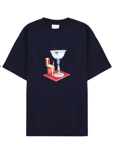 Drôle De Monsieur Drole De Monsieur Cocktail Print T-shirt With Ribbed Crew Neck In Blue