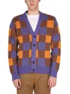 Drôle De Monsieur Check Pattern V-neck Cardigan With Ribbed Cuffs And Hem In Blue