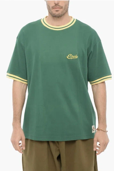 Drôle De Monsieur Cotton Crew-neck T-shirt With Contrast Edge In Green