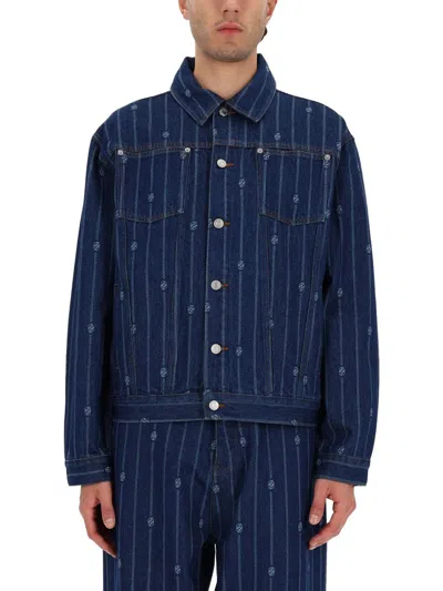 Drôle De Monsieur Striped Collared Jacket Chest Pockets In Blue