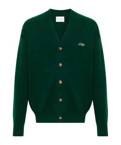 Drôle De Monsieur Embroidered-logo Knitted Cardigan In Dark Green