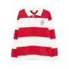 Drôle De Monsieur Striped Long Sleeve Polo Shirt With Embroidery In Red