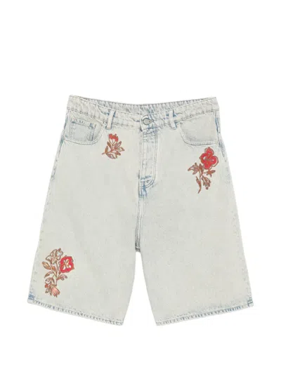 Drôle De Monsieur Floral Embroidery Denim Shorts Belt Loops In Blue