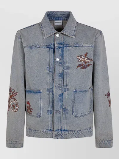 Drôle De Monsieur Floral Embroidery Denim Jacket Front Pockets In Blue