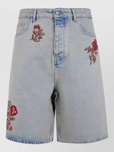 Drôle De Monsieur Floral Embroidery Denim Shorts Belt Loops In Blue
