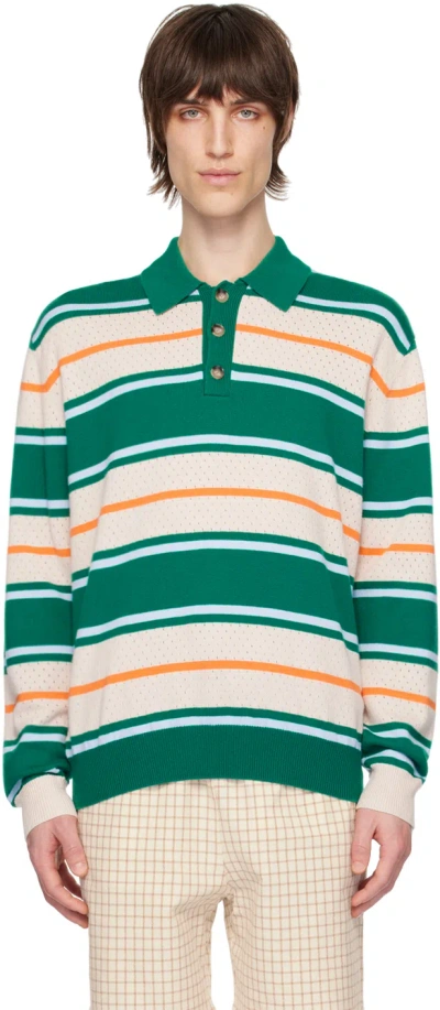 Drôle De Monsieur Men's La Maille Striped Long-sleeve Polo Shirt In Green