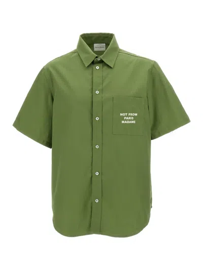 Drôle De Monsieur Green Short Sleeve Shirt With Slogan Embroidery In Cotton Blend Man