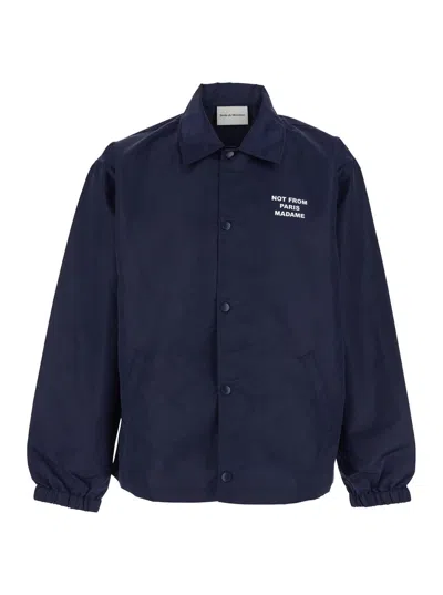 Drôle De Monsieur Jacket With Classic Collar And Slogan On The Front And Back In Tech Fabric Man In Blue