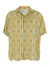 Drôle De Monsieur 'la Chemise Bijoux' Multicolor Bowling Shirt With Cuban Collar And All-over Striped Motif In Green