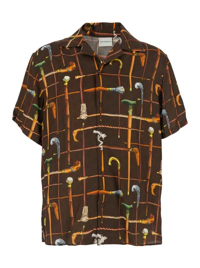 Drôle De Monsieur La Chemise Cannes Brown Bowling Shirt With Cuban Collar And All-over Print In Viscose For Men