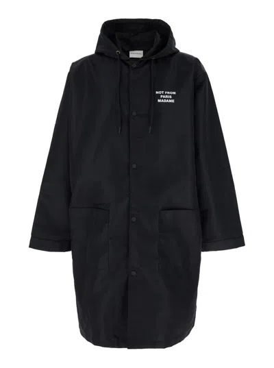 DRÔLE DE MONSIEUR BLACK PARKA COAT WITH LOGO IN TECHNO FABRIC MAN