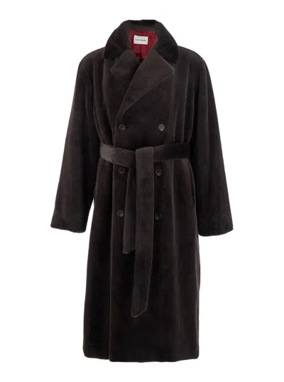 Drôle De Monsieur Brown Faux-fur Coat With Waist Belt In Black