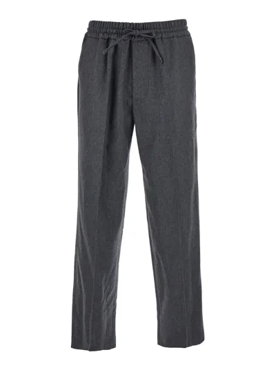 Drôle De Monsieur Le Pantalon Élastiqué Grey Pants With Elastic Drawstring Waist In Wool Blend Stretch Man In Black