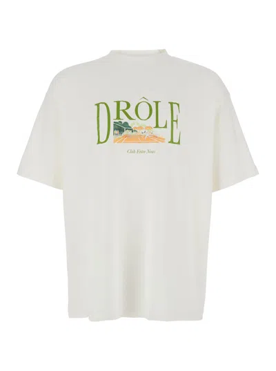 Drôle De Monsieur Le T-shirt Tennis Court White Crewneck T-shirt With Maxi Print On The Front In Cotton Man