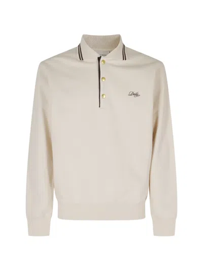 Drôle De Monsieur Minimalist Gold Hardware Long-sleeve Cotton Polo Shirt In Neutral