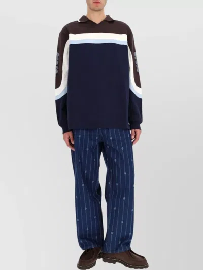 Drôle De Monsieur Long Sleeve Color Block Polo Shirt In Blue