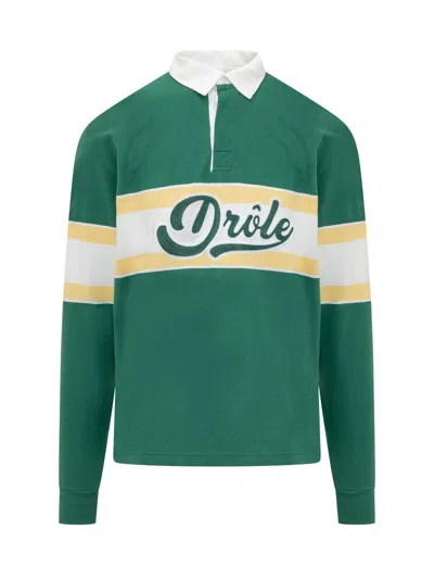 Drôle De Monsieur Green Long Sleeved Polo Shirt With Drole Print In Verde Scuro