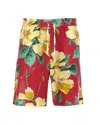 Drôle De Monsieur Elasticized Waist Floral Print Shorts With Lateral Pockets In Red