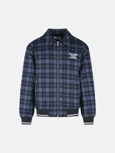 Drôle De Monsieur Check Flannel Jacket With Bold Slogan Print In Blue