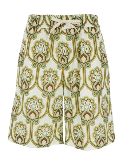 DRÔLE DE MONSIEUR GREEN SHORTS WITH ELASTIC DRAWSTRING WAIST AND ALL-OVER PRINT IN LINEN BLEND MAN
