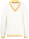 Drôle De Monsieur Striped Trim V-neck Jumper In Neutrals
