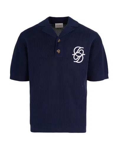 Drôle De Monsieur Textured Knit Short-sleeve Polo With Monogram Detail In Blue