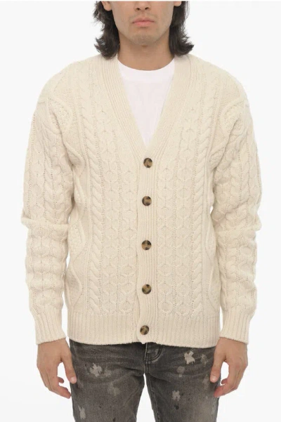 Drôle De Monsieur V-neck Merino Wool Cable-knit Cardigan In Neutral