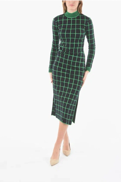 Drome Windowpane-checkered Knit Long Dress With Side Slit In Green
