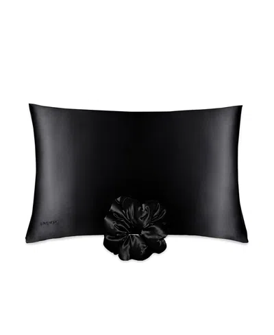 Drowsy Silk Standard Pillowcase And Padded Scrunchie Set In Black