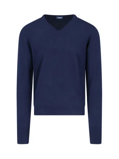 Drumohr Basic Sweater In Blue Cashmere Navy Tone V-neck