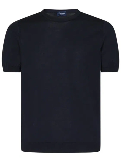 Drumohr Black Cotton Knit Crewneck T-shirt In Blue