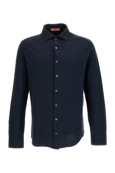 Drumohr Blue Cotton-linen Spread Collar Casual Shirt