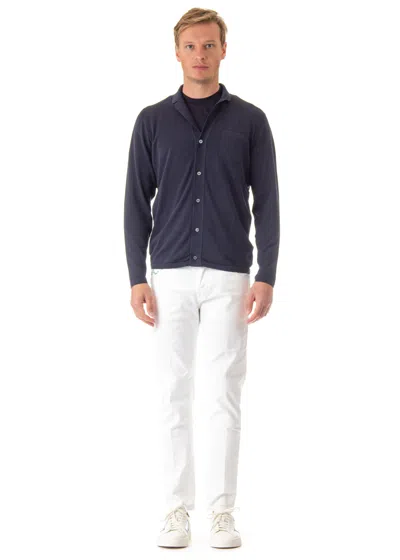 Drumohr Button-up Cotton Cardigan With Chest Pocket And Bowling Neckline In Blue