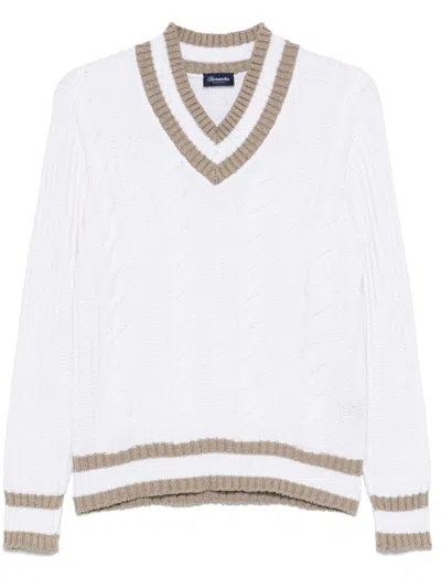 Drumohr Textured Cable Knit V-neck Sweater In White
